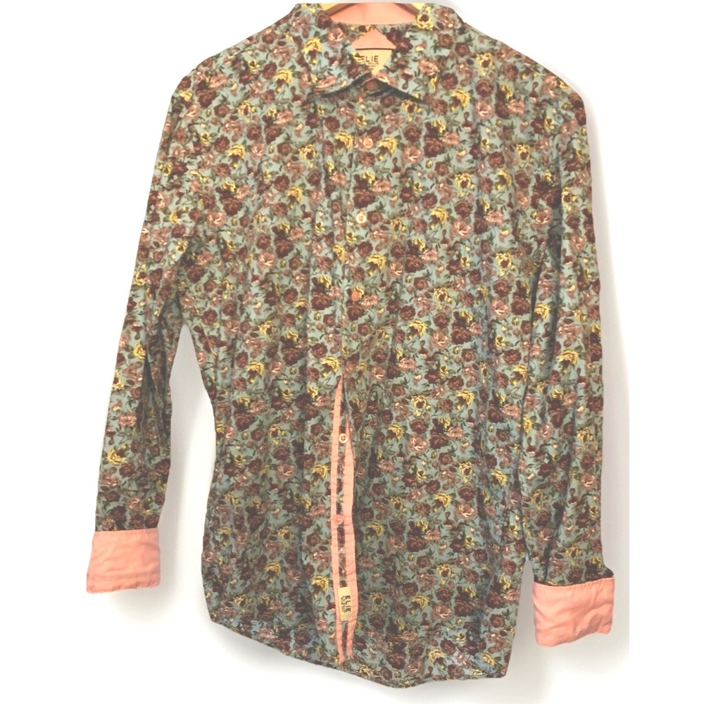 VTG Elie Tahari Floral Button Blouse Shirt Floral Womens Large Pink Cuff Retro